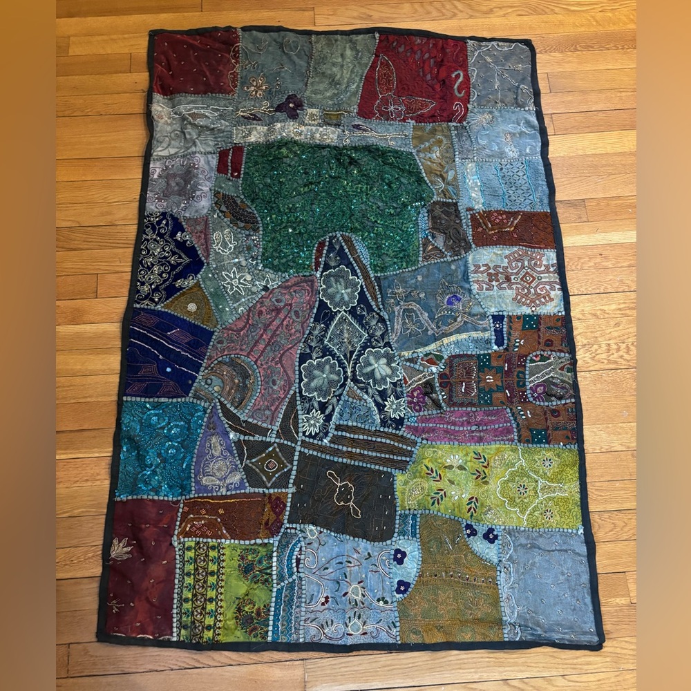 Vintage large Indian Ethnic Bohemian Silk Beaded Patchwork Tapestry 55X37”